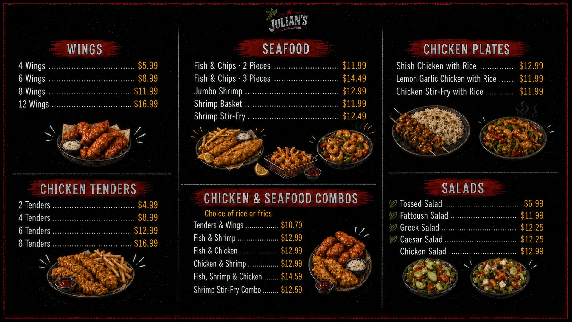 Menu board 2: Wings, Chicken Tenders, Seafood, Chicken & Seafood Combos, Chicken Plates, Salads