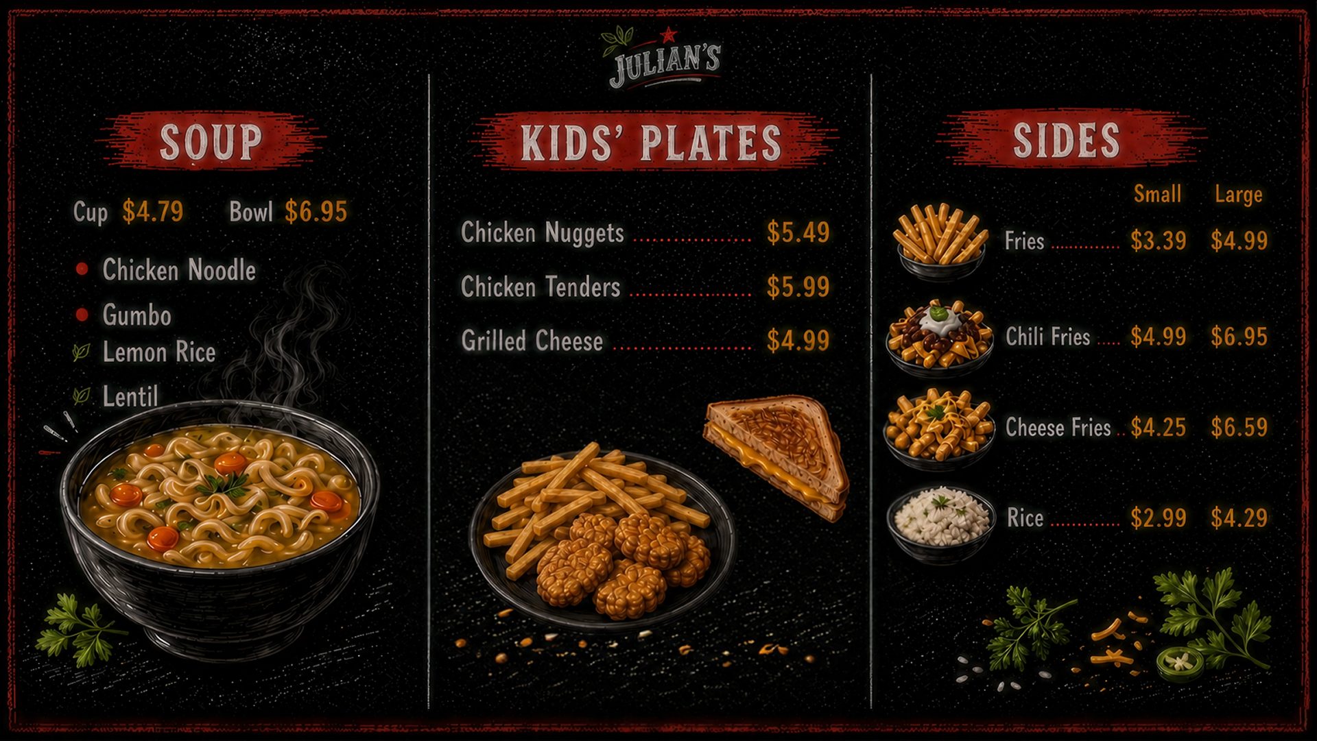 Menu board 3: Soup, Kids' Plates, Sides