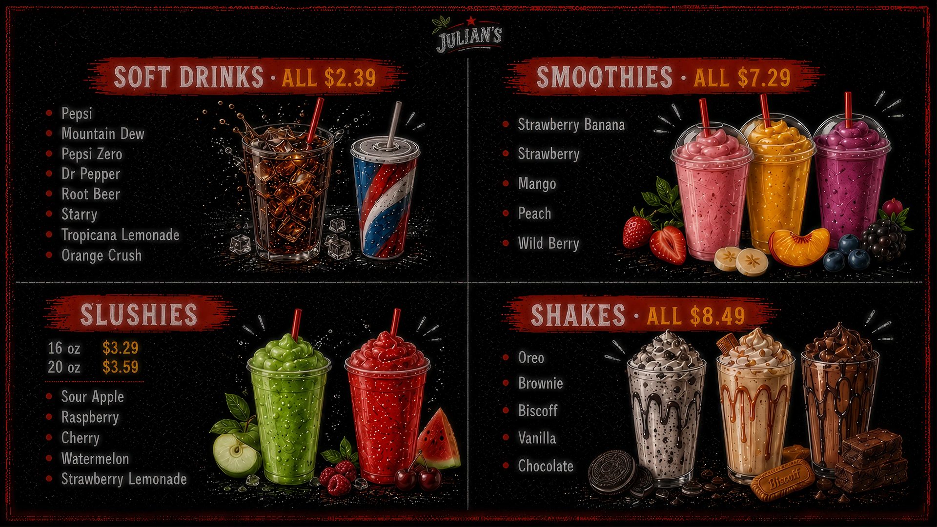 Menu board 4: Soft Drinks, Smoothies, Slushies, Shakes
